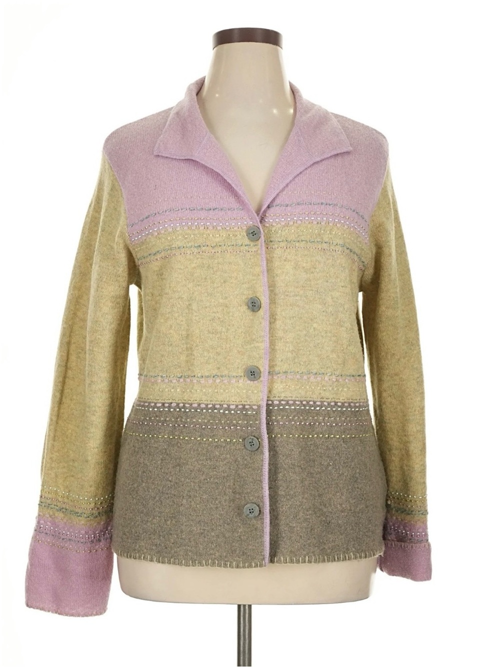 Sigrid Olsen WOOL Lavender, Taupe and Moss Green Striped Button-Front Cardigan